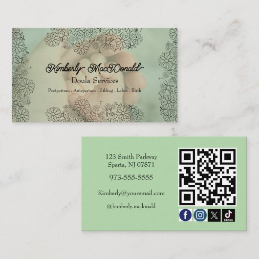 Salie groene doula script sociaal icoon QR-code fo Visitekaartje (Voorkant / Achterkant)
