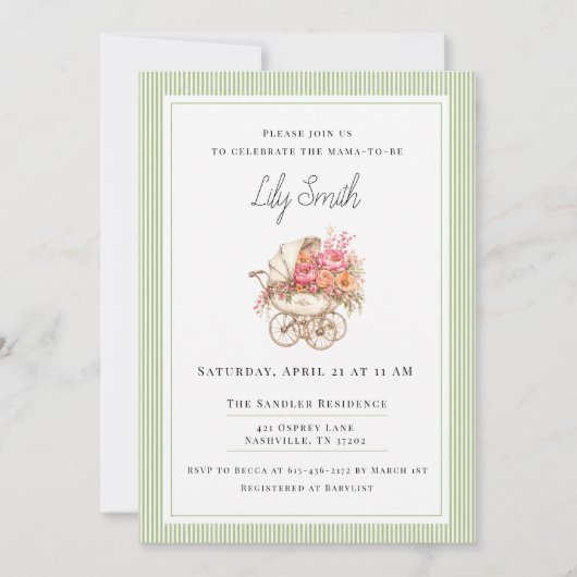 Salie groene eenvoudige babyshower uitnodiging (Voorkant)