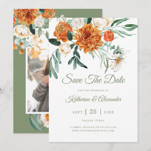 Salie Groene Elegante Bloem Oranje Foto Bruiloft Save The Date