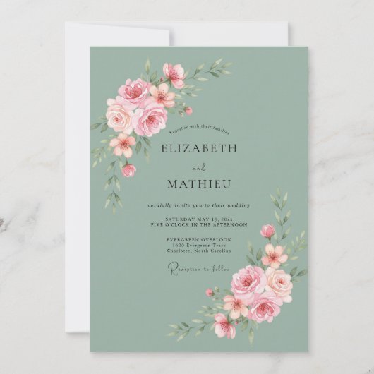 Salie Groene Elegante Rozen Bruiloft Kaart (Voorkant)