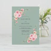 Salie Groene Elegante Rozen Bruiloft Kaart (Staand voorkant)