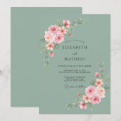 Salie Groene Elegante Rozen Bruiloft Kaart (Voorkant / Achterkant)