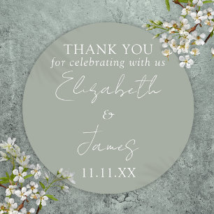 Salie Groene Elegante Script Bruiloft Dank Je Ronde Sticker