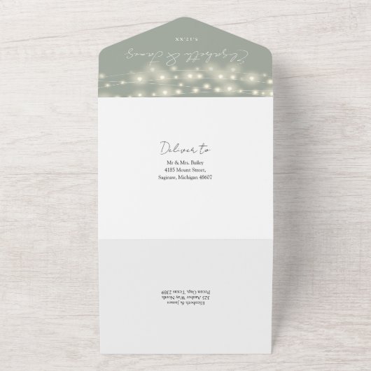 Salie Groene Elegante Script Slingerlichten Bruilo All In One Uitnodiging (Buitenkant)