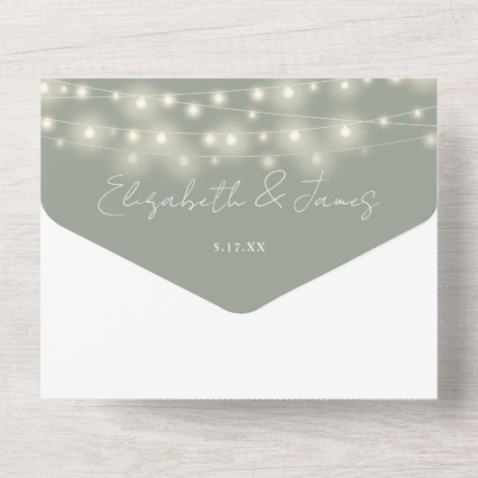Salie Groene Elegante Script Slingerlichten Bruilo All In One Uitnodiging (Achterkant)
