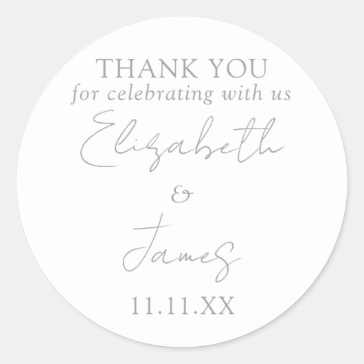 Salie groene elegante script trouw dank je ronde sticker (Voorkant)