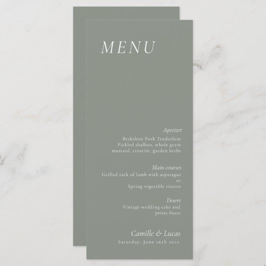 Salie Groene elegante Trouwmenu Menu (Voorkant / Achterkant)