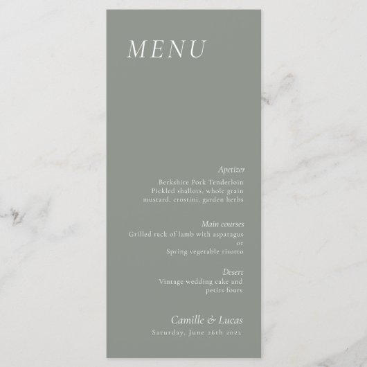 Salie Groene elegante Trouwmenu Menu (Voorkant)