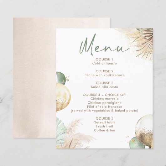 Salie groene en beige boho menukaarten (Voorkant / Achterkant)