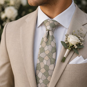 Salie Groene en Beige Marmer Steen Mozaïek Stropdas