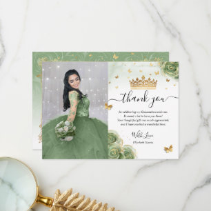 Salie Groene en Gouden Quinceañera Foto Verjaardag Bedankkaart
