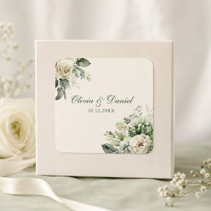 Salie Groene en Ivoren Bloemen Bruiloft Vierkante Sticker