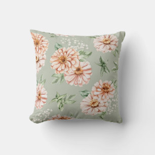 Salie Groene en Perzik Aquarel Zinnia Kussen