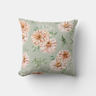 Salie Groene en Perzik Aquarel Zinnia Kussen