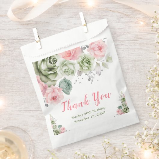 Salie Groene en Roze Bloemen Verjaardag Bedankzakje (Geknipt)