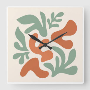 salie groene en terracotta abstracte wandkunst vierkante klok