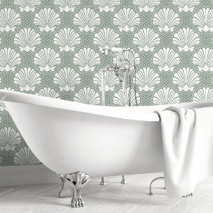 Salie groene en witte schelp kust badkamer behang