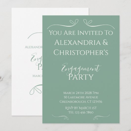 Salie Groene en Witte Script Verloving Feest Kaart (Voorkant / Achterkant)