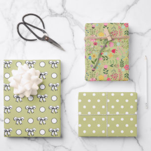 Salie Groene en Witte Stippen Bloemenweide Inpakpapier Vel