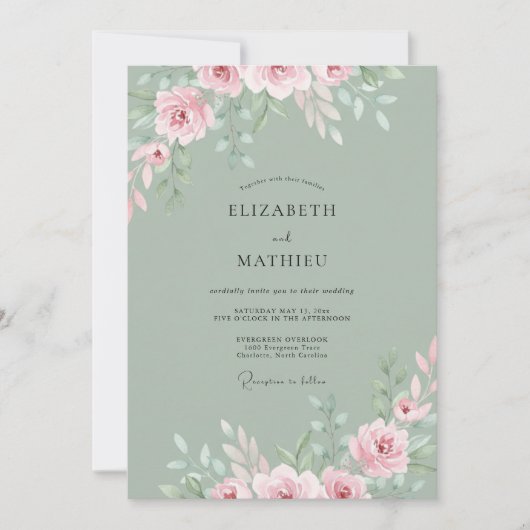 Salie Groene Etherische Roze Bruiloft Kaart (Voorkant)