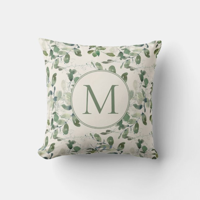 Salie Groene Eucalyptus Bladeren Crème Monogram Kussen (Voorkant)