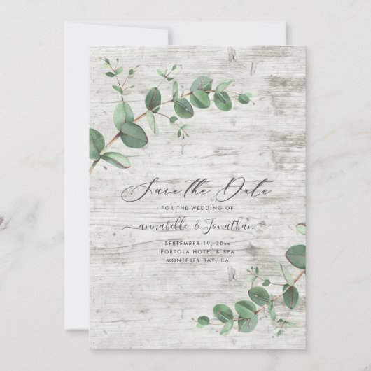 Salie groene Eucalyptus botanische bladeren witte  Save The Date (Voorkant)