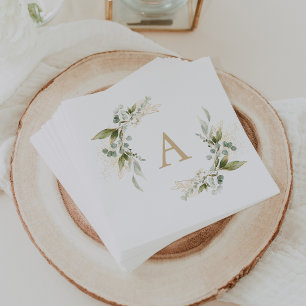 Salie Groene Eucalyptus Gouden Monogram Trouwserve Servet