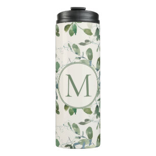 Salie Groene Eucalyptusbladeren op Crème Monogram Thermosbeker