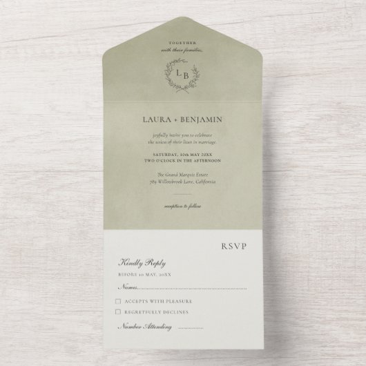 Salie Groene Fluwelen, Lauwerkrans Trouw All In One Uitnodiging (Binnen)