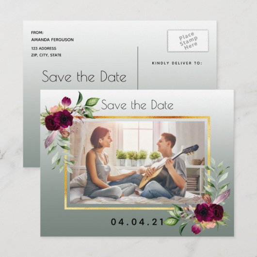Salie groene foto bloemige trouw Save the Date Aankondigingskaart (Voorkant / Achterkant)