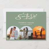 Salie Groene Foto QR Code Elegante Trouwdag Save The Date (Voorkant)