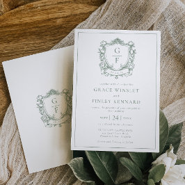 Salie Groene Franse Rozen Monogram Wapen Huwelijk Kaart