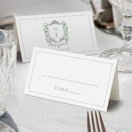 Salie Groene Franse Rozen Monogram Wapen Huwelijk Plaatskaartje