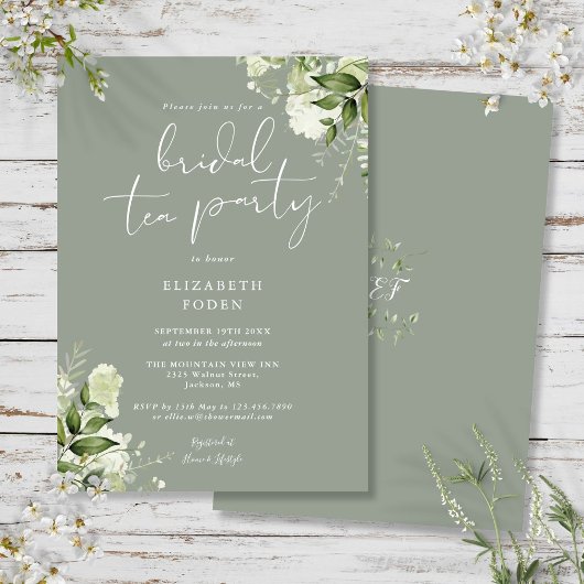 Salie Groene Gebladerte Monogram Bruids Thee Feest Kaart