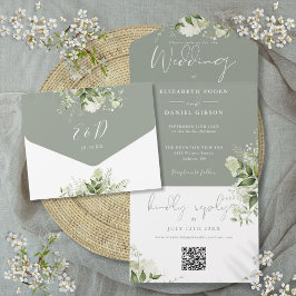 Salie Groene Gebladerte QR Code Monogram Huwelijk All In One Uitnodiging
