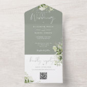 Salie Groene Gebladerte QR Code Monogram Huwelijk All In One Uitnodiging (Binnen)