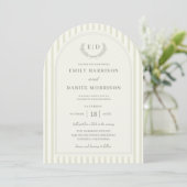Salie groene gestreepte monogram elegante bruiloft kaart (Staand voorkant)