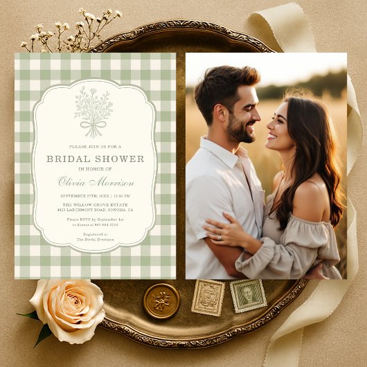 Salie Groene Gingham Bloemachtige Foto Bruidsdouch Kaart