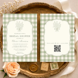 Salie Groene Gingham Bloemen QR Code Bruidsborrel Kaart