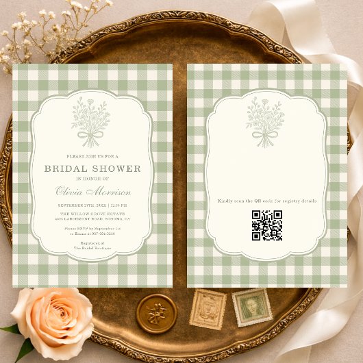 Salie Groene Gingham Bloemen QR Code Bruidsborrel Kaart