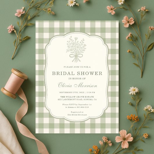Salie Groene Gingham Bloemenslinger Bruidsfeest Kaart
