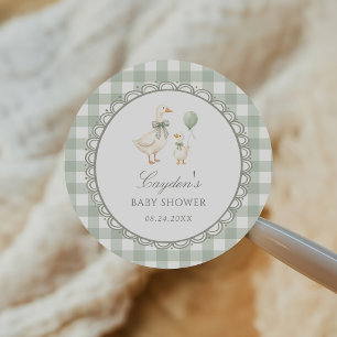 Salie Groene Gingham Dwaze Gans Baby Borrel Ronde Sticker
