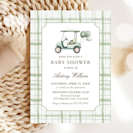 Salie groene gingham golf baby shower uitnodiging
