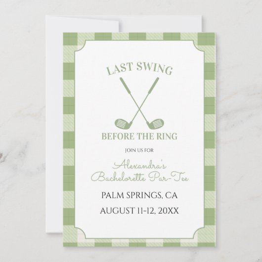 Salie Groene Gingham Golf Bachelorette Kaart (Voorkant)