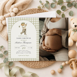 Salie groene Gingham Golf Jongen Baby Shower Foto Kaart