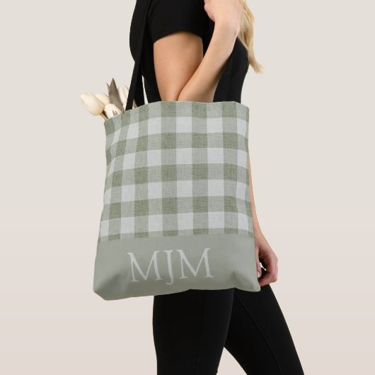 Salie Groene Gingham Monogram Aangepaste Naam Tote Bag (Dichtbij)