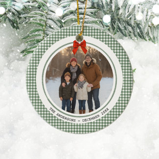 Salie groene Gingham Plaid Cirkel Foto Kerstmis Keramisch Ornament