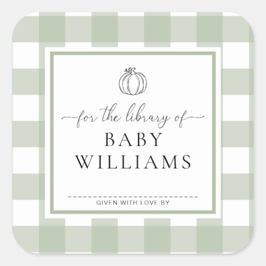Salie groene gingham pompoen bibliotheek boekplaat vierkante sticker (Voorkant)