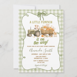 Salie Groene Gingham Pompoen Tractor Baby Shower Kaart