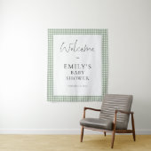 Salie groene Gingham Script Welkom Baby Borrel Wandkleed (In situ)